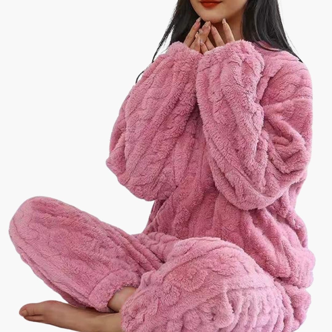 Women's polar fleece pajama set long sleeve round neck elastic waist cozy lounge matching