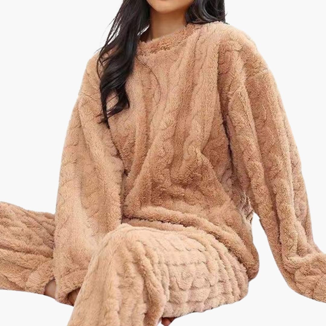 Women's polar fleece pajama set long sleeve round neck elastic waist cozy lounge