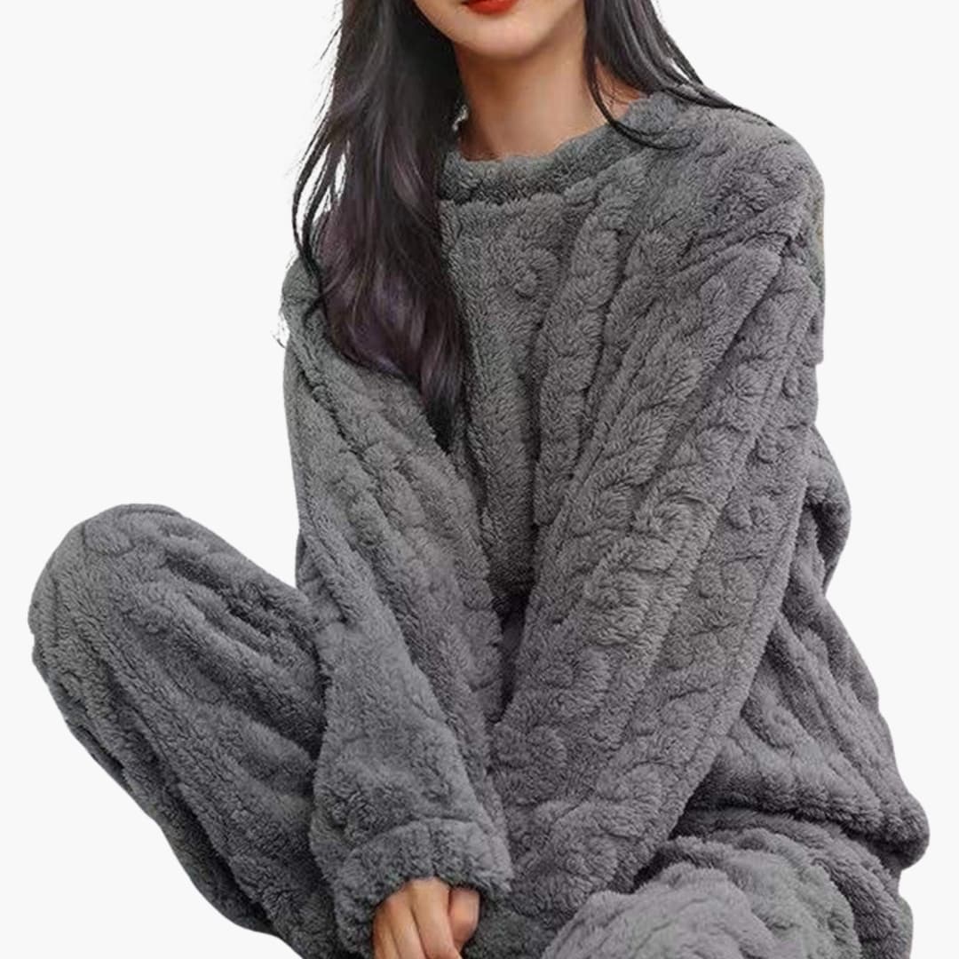 Women's polar fleece pajama set long sleeve round neck elastic waist cozy lounge matching top pants