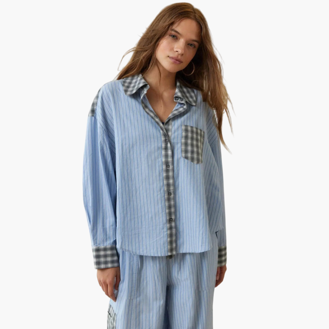 Women's soft two-piece pajama set with button-front collar and elastic waistband for cozy sleepwear