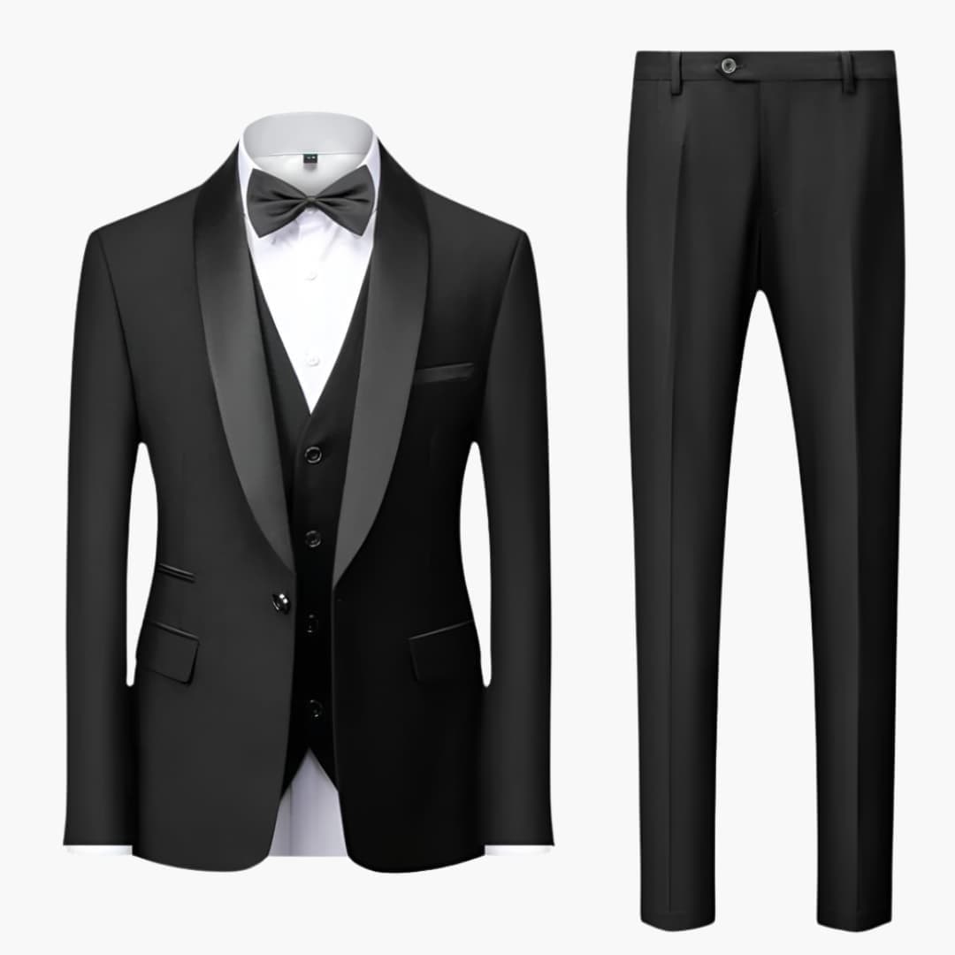 Men's black three-piece tuxedo set shawl collar jacket vest elegant single-button formal suit