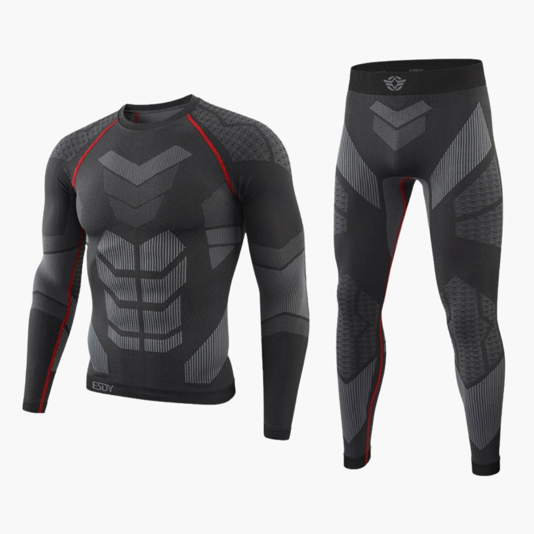 Men's seamless thermal underwear set in neutral tones with moisture-wicking base layer and chafe-free construction