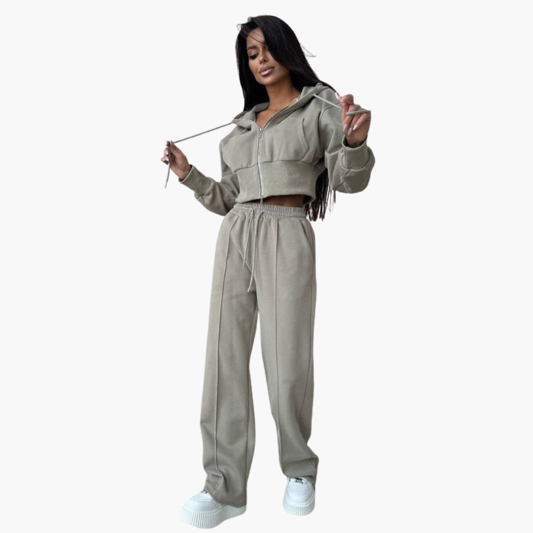 Women's cropped zip hoodie & wide leg pants set in neutral tones, pocketed athletic lounge co-ord