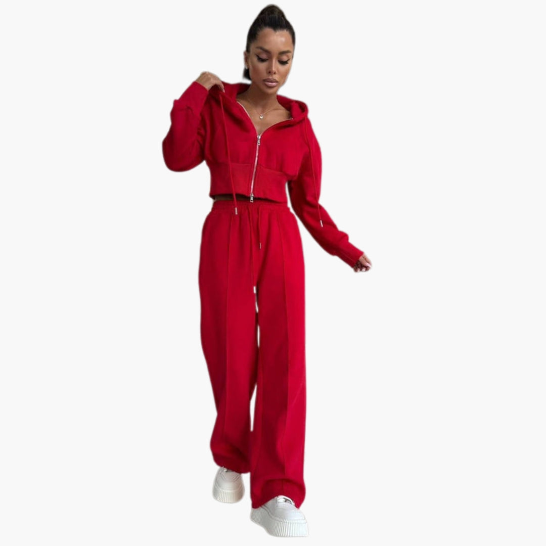 Women's cropped zip-up hoodie and wide-leg pants athleisure set with pockets and elastic waist