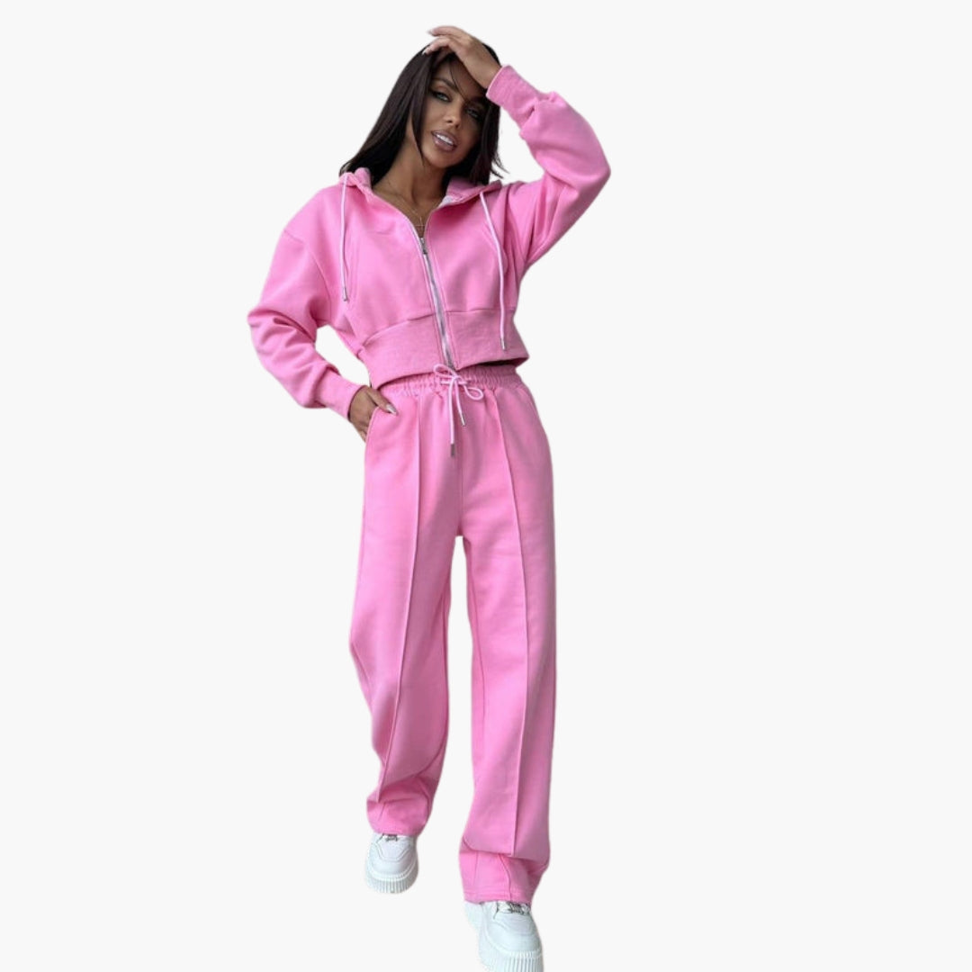 Women's cropped zip-up hoodie and wide-leg pants athleisure set with pockets and elastic waist