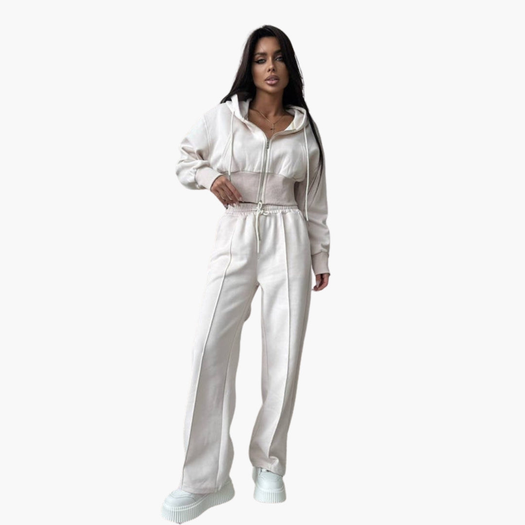 Women's cropped zip-up hoodie wide leg pants set athleisure lounge outfit with pockets elastic waist