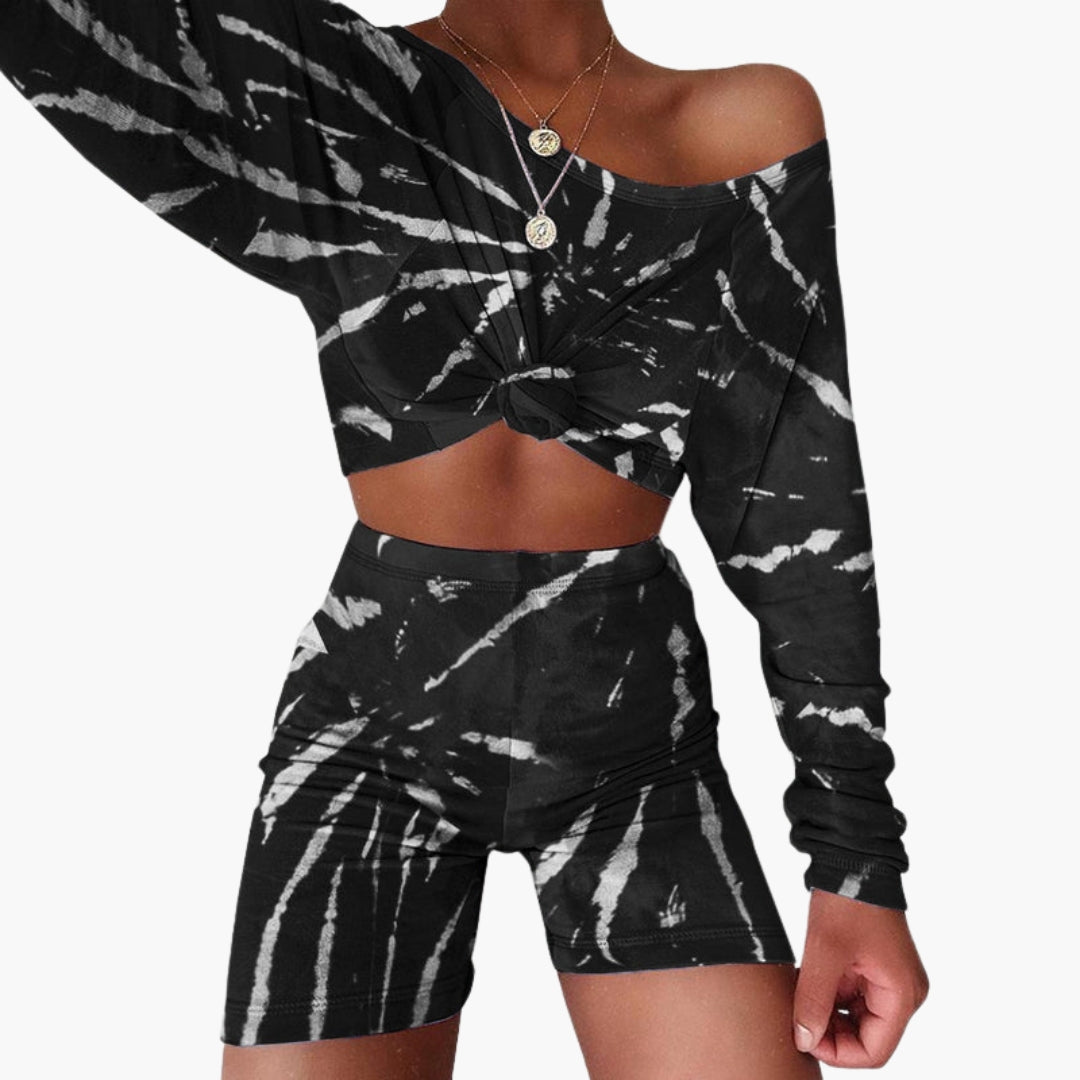 Women's athletic set long sleeve tied crop top fitted shorts urban pattern sleek athleisure style