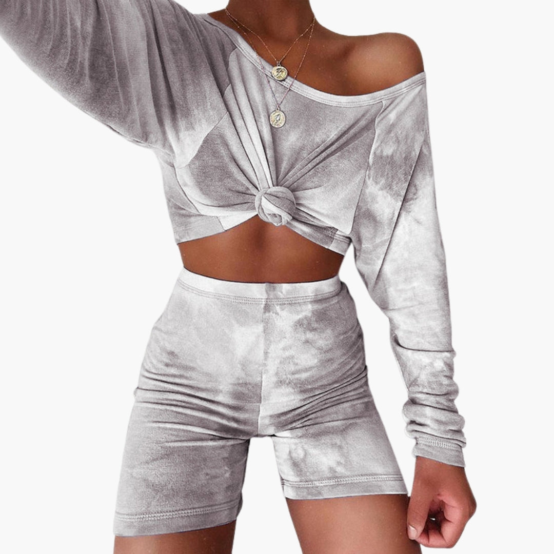Women's athletic set long-sleeve tied top fitted shorts urban active style sleek athleisure look