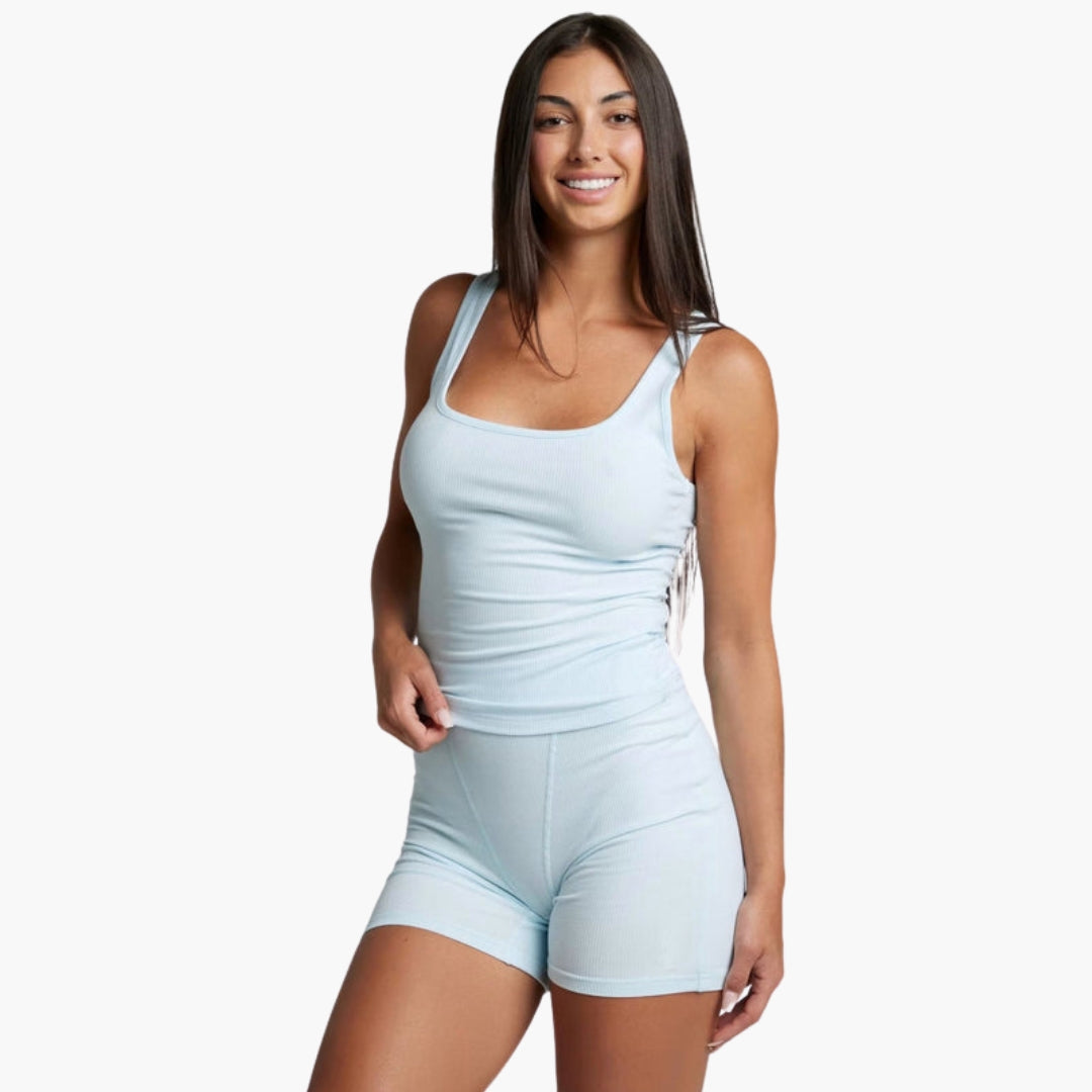 Women's loose fit yoga sports set sleeveless ribbed top matching shorts elastic waistband