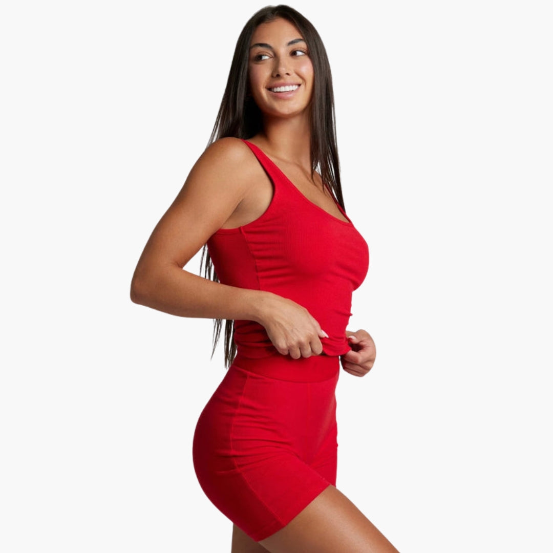 Women's loose fit yoga sports set sleeveless ribbed top matching shorts elastic waistband
