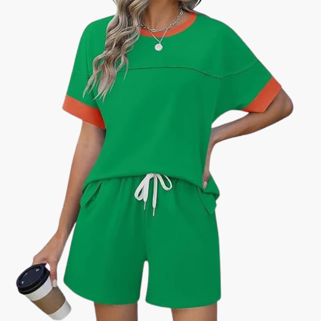Women's two-piece sportswear set with short sleeve round-neck top and elastic waist shorts, breathable activewear