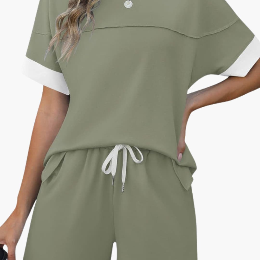 Women's two-piece sportswear set with short sleeve round-neck top and elastic waist shorts, breathable activewear