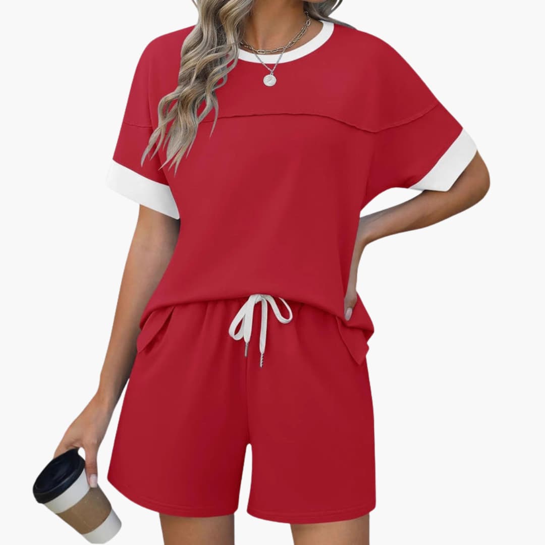 Women's two-piece sportswear set short sleeve round neck top matching elastic waist shorts breathable activewear