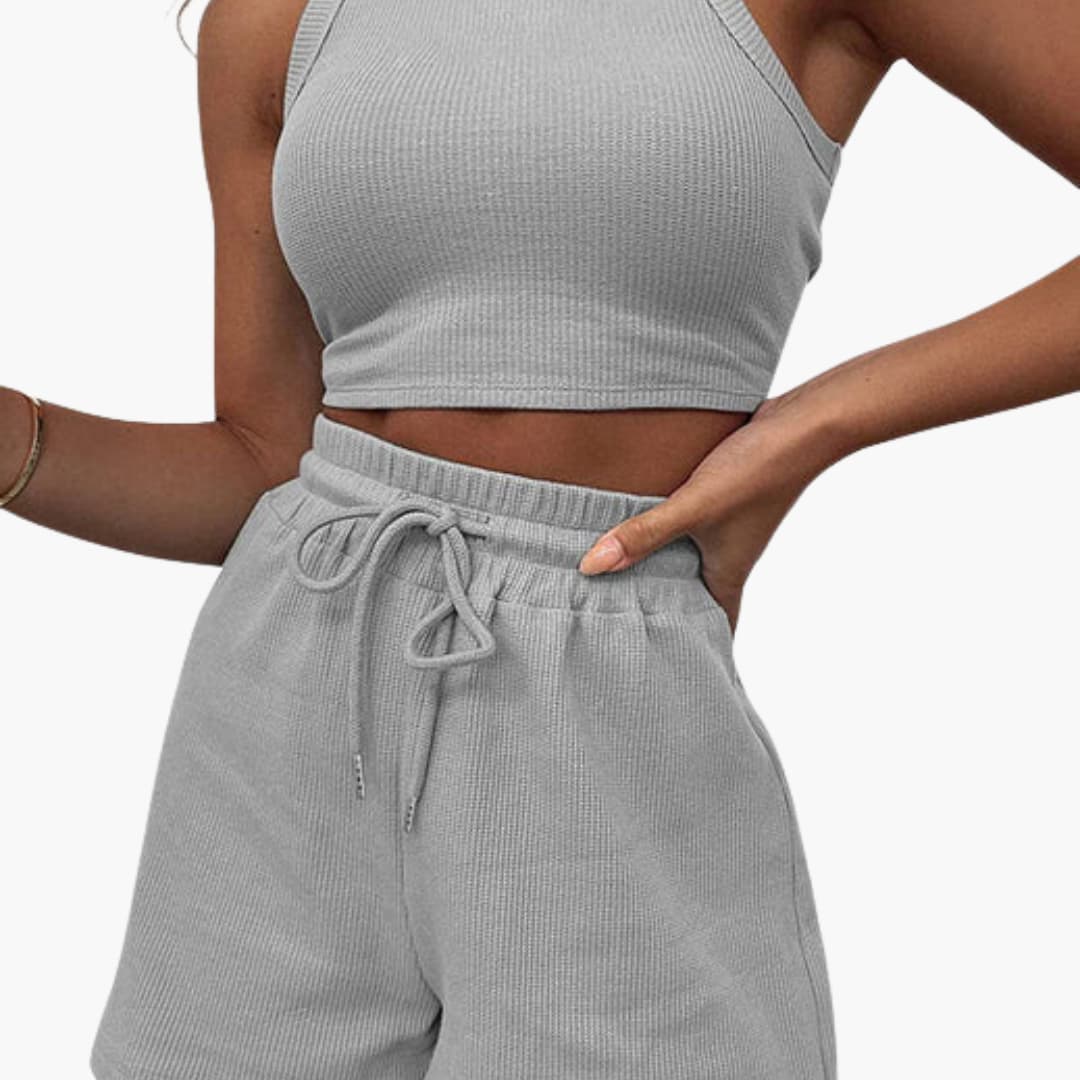 Women's two-piece racerback sports set with elastic drawstring shorts, sleeveless athletic coordinated outfit