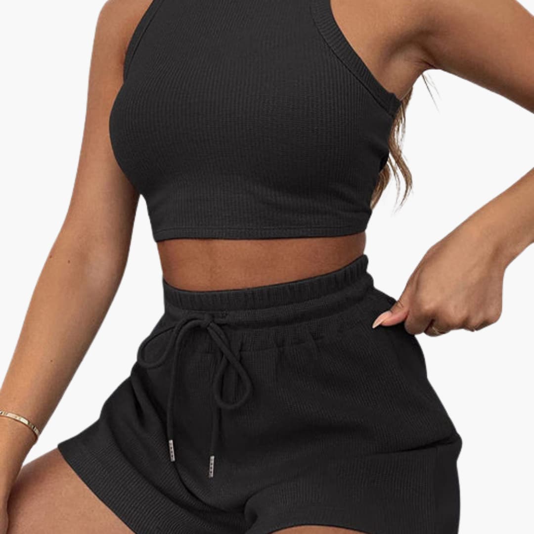 Women's two-piece racerback sports set with elastic drawstring shorts, sleeveless athletic athleisure coord