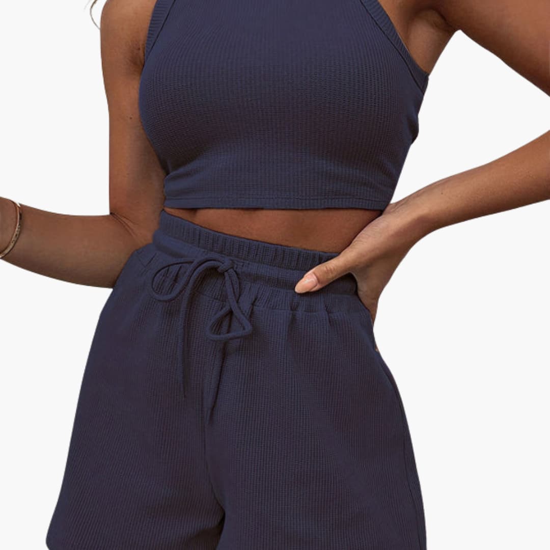 Women's two-piece racerback sports set with elastic drawstring shorts, sleeveless athletic coordinated outfit