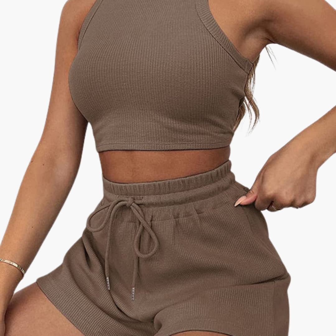 Women's two-piece racerback sports set with elastic drawstring shorts, sleeveless athletic athleisure coordinated outfit