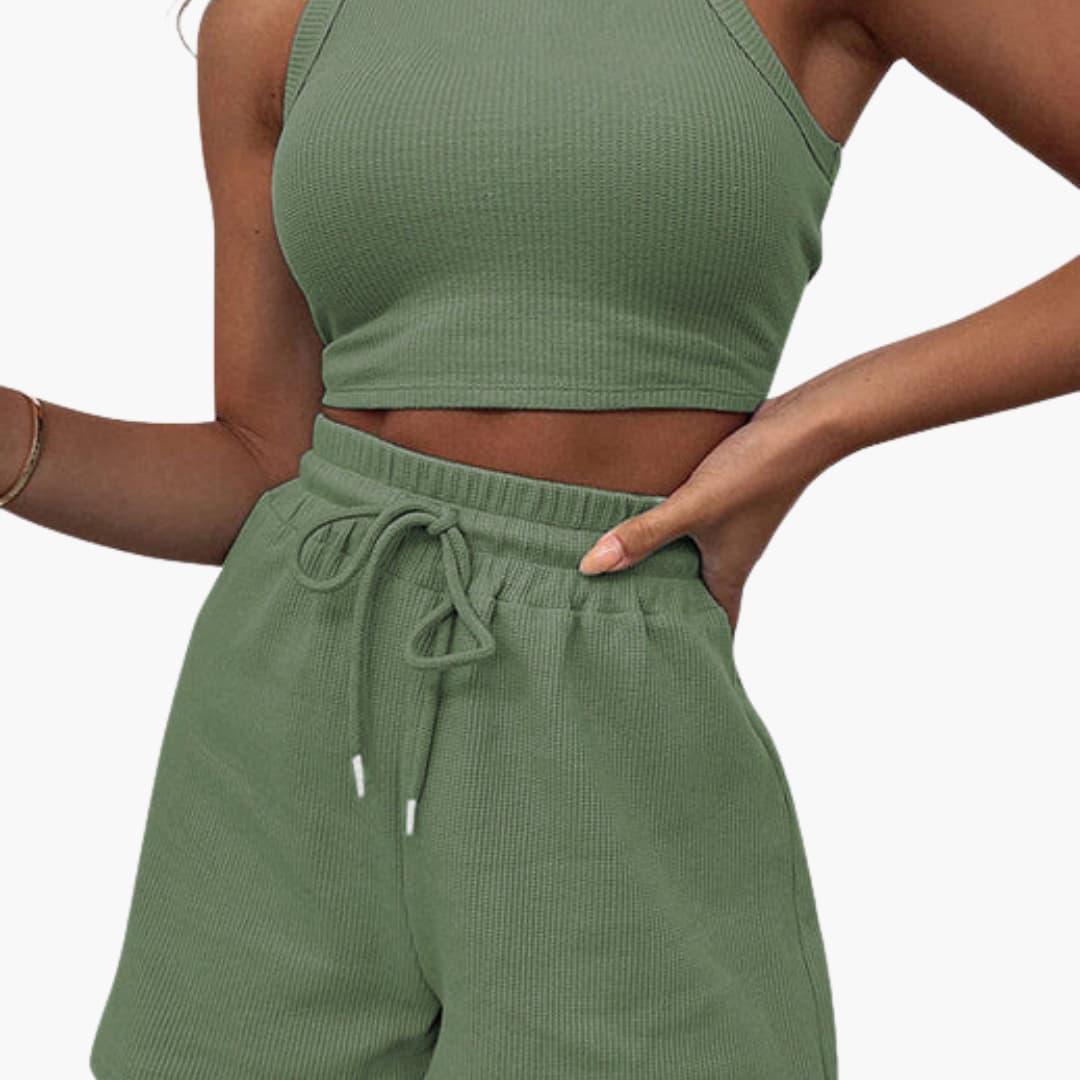 Women's two-piece racerback sports set with elastic drawstring shorts, sleeveless athletic athleisure style