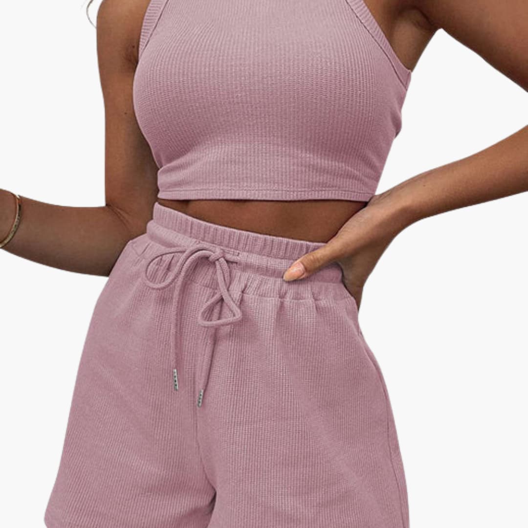 Women's two-piece racerback sports set with elastic drawstring shorts, sleeveless athletic coordinated look
