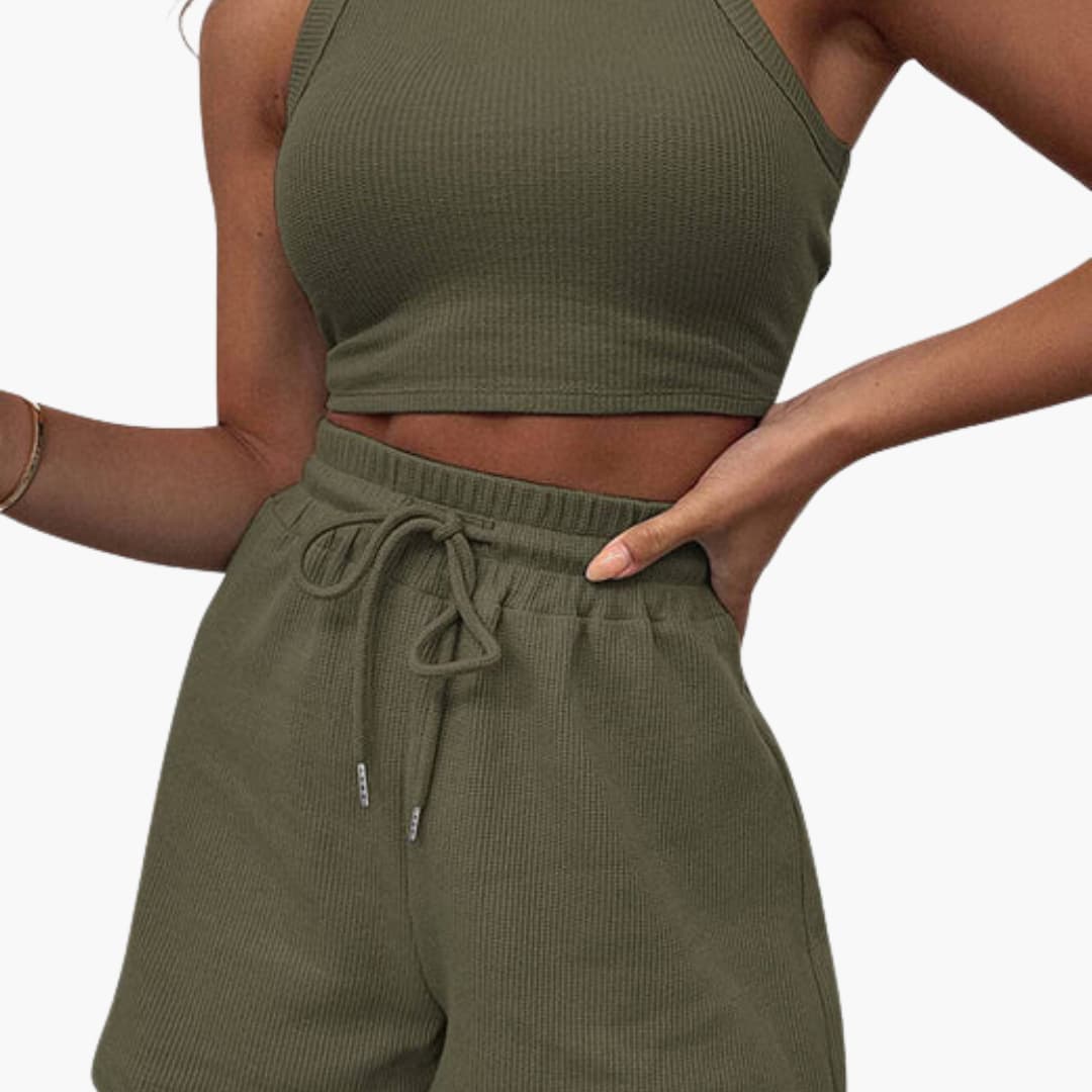 Women's two-piece racerback sports set with elastic drawstring shorts, sleeveless athletic athleisure coord