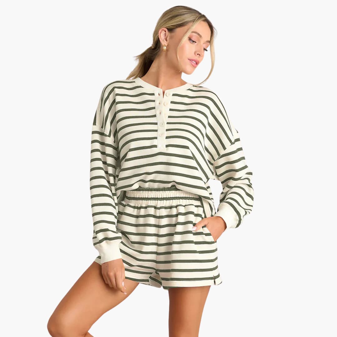 Women's striped rayon two-piece sportswear set with elastic waist shorts, soft breathable active wear