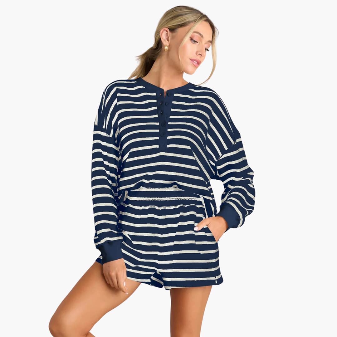 Women's striped rayon two-piece sportswear set with elastic waist shorts, soft breathable active wear