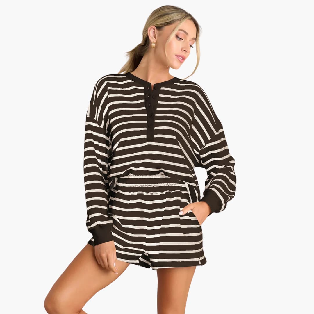 Women's striped rayon two-piece sportswear set with elastic waist shorts, soft breathable fabric