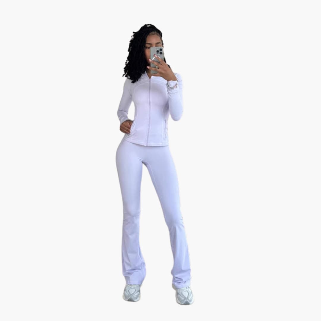 Women's black zip-up sports set with matching leggings, streamlined seams for gym and yoga