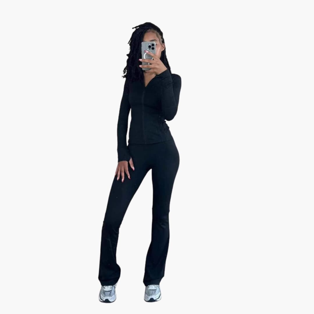 Women's gray zip-up sports set with matching leggings, streamlined silhouette for gym and yoga