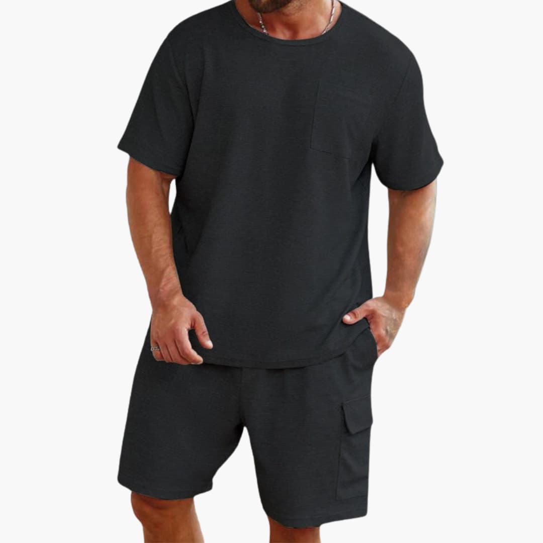 Men's two-piece athletic set with cargo pockets, elastic waistband, knee-length shorts, and matching top