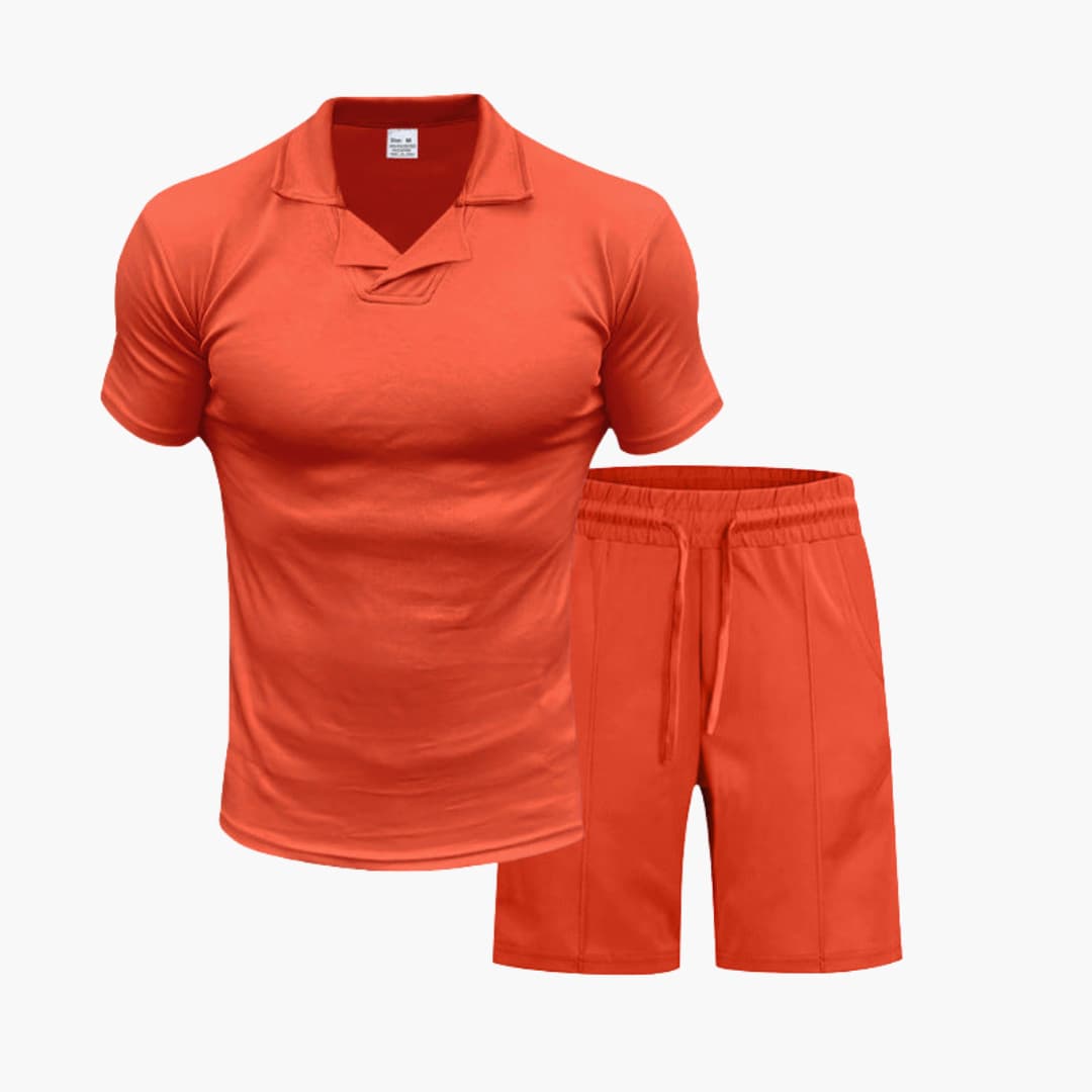 Men's gray two-piece sport set with stand-up collar short sleeve top and elastic waist shorts