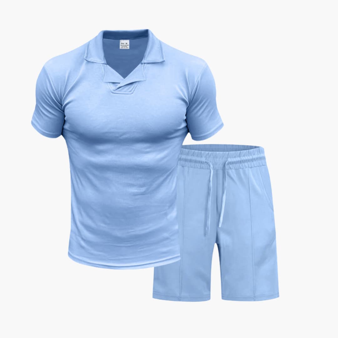 Men's gray performance sportswear set short sleeve stand-up collar top with elastic waist shorts