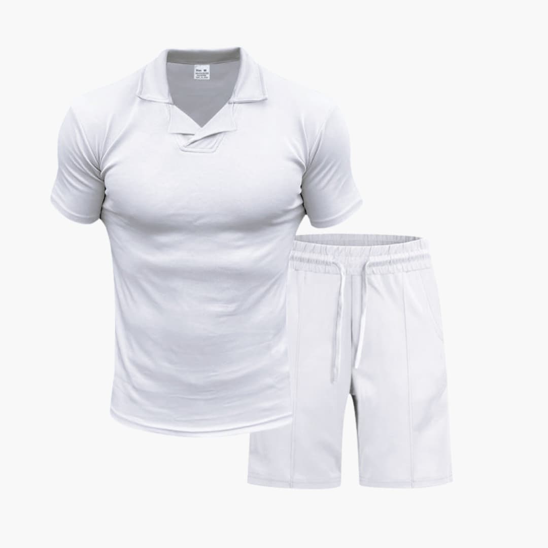 Men's gray two-piece athletic set with stand-up collar short sleeve top and elastic waist shorts