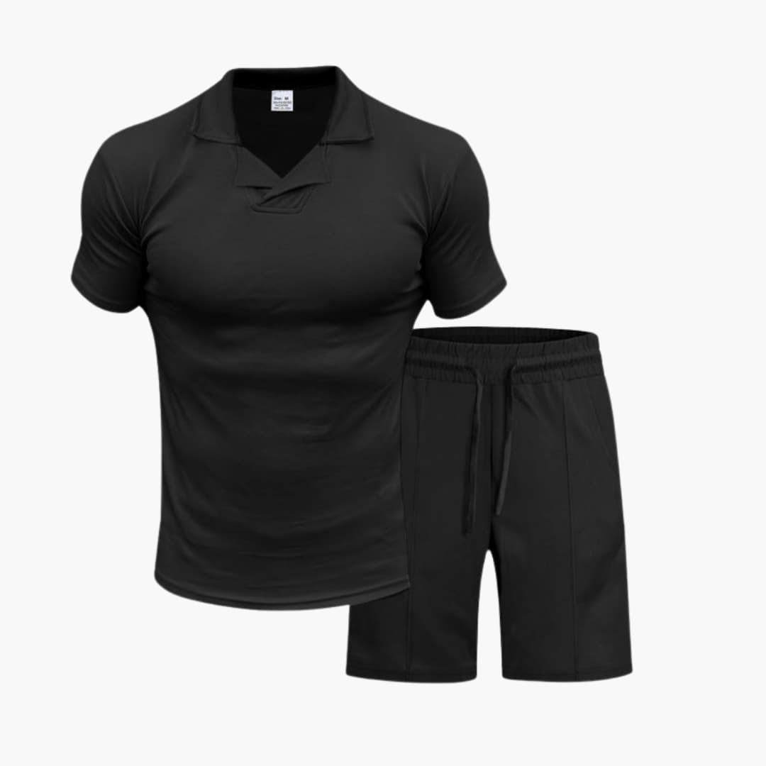 Men's two-piece athletic set with stand-up collar top and elastic waist shorts, sporty fit