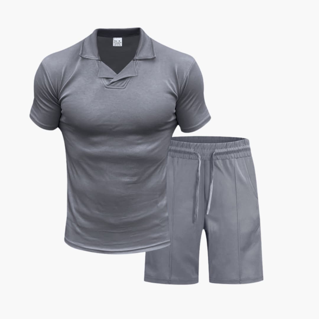 Men's two-piece athletic set gray short sleeve stand-up collar top with matching elastic waist shorts