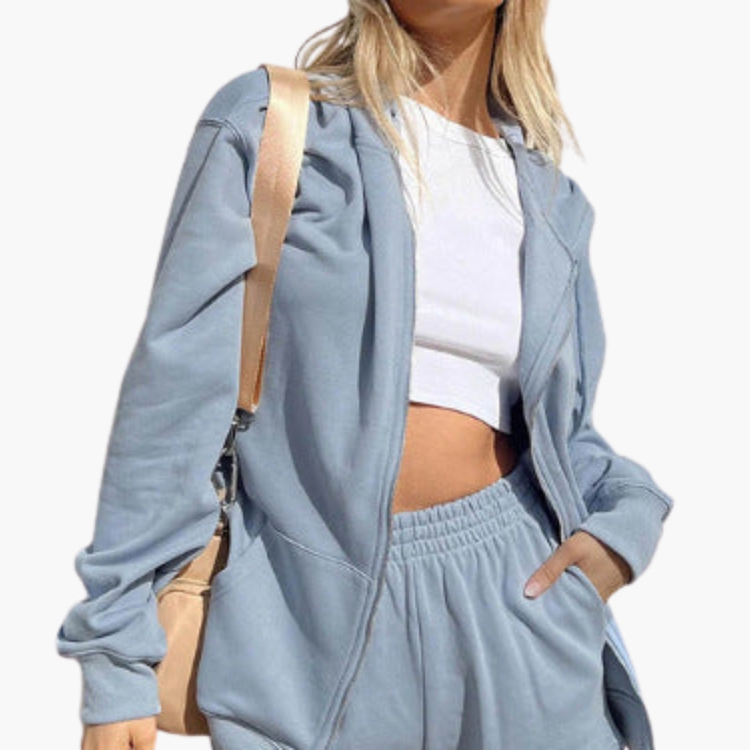 Women's zip-up tracksuit set hoodie elastic waist pants stretch fabric active casual two-piece
