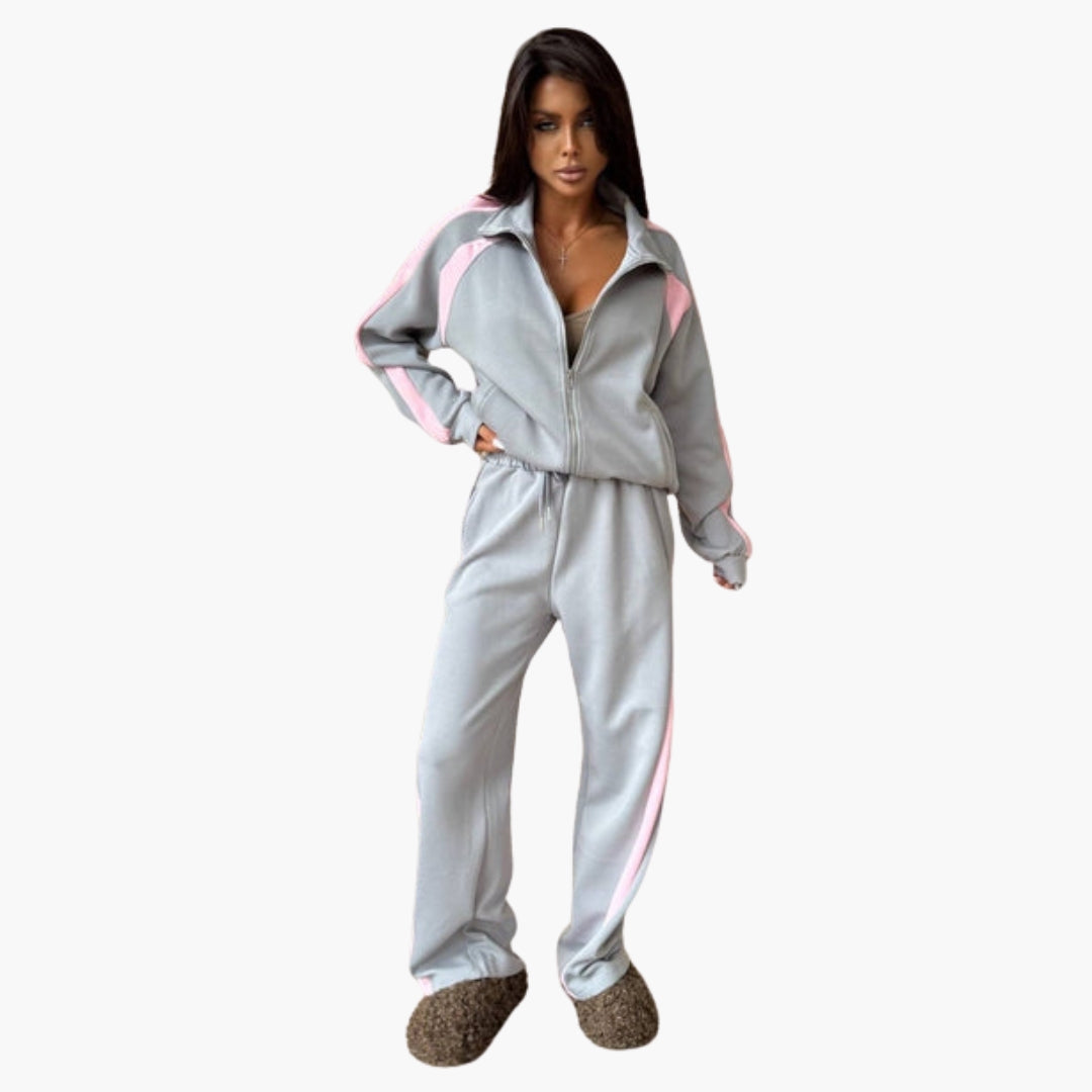 Women's zip-up tracksuit set stand-up collar contrasting stripes elastic waistband sporty casual fit