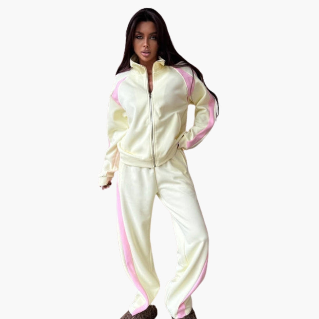 Women's zip-up tracksuit set stand-up collar contrasting stripes elastic waistband sporty comfort
