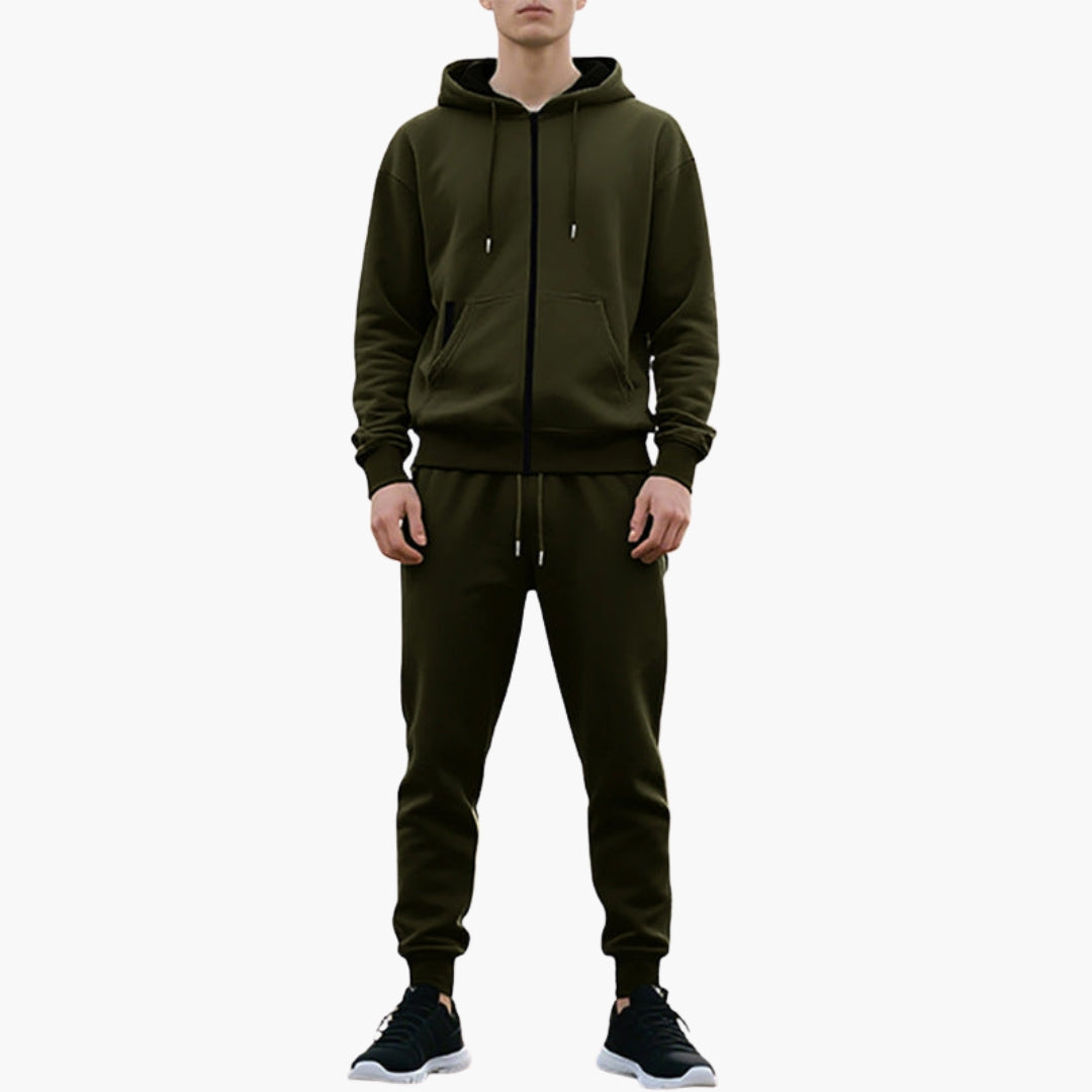 Men's gray tracksuit set with adjustable drawstring hood, kangaroo pocket, and jogger pants