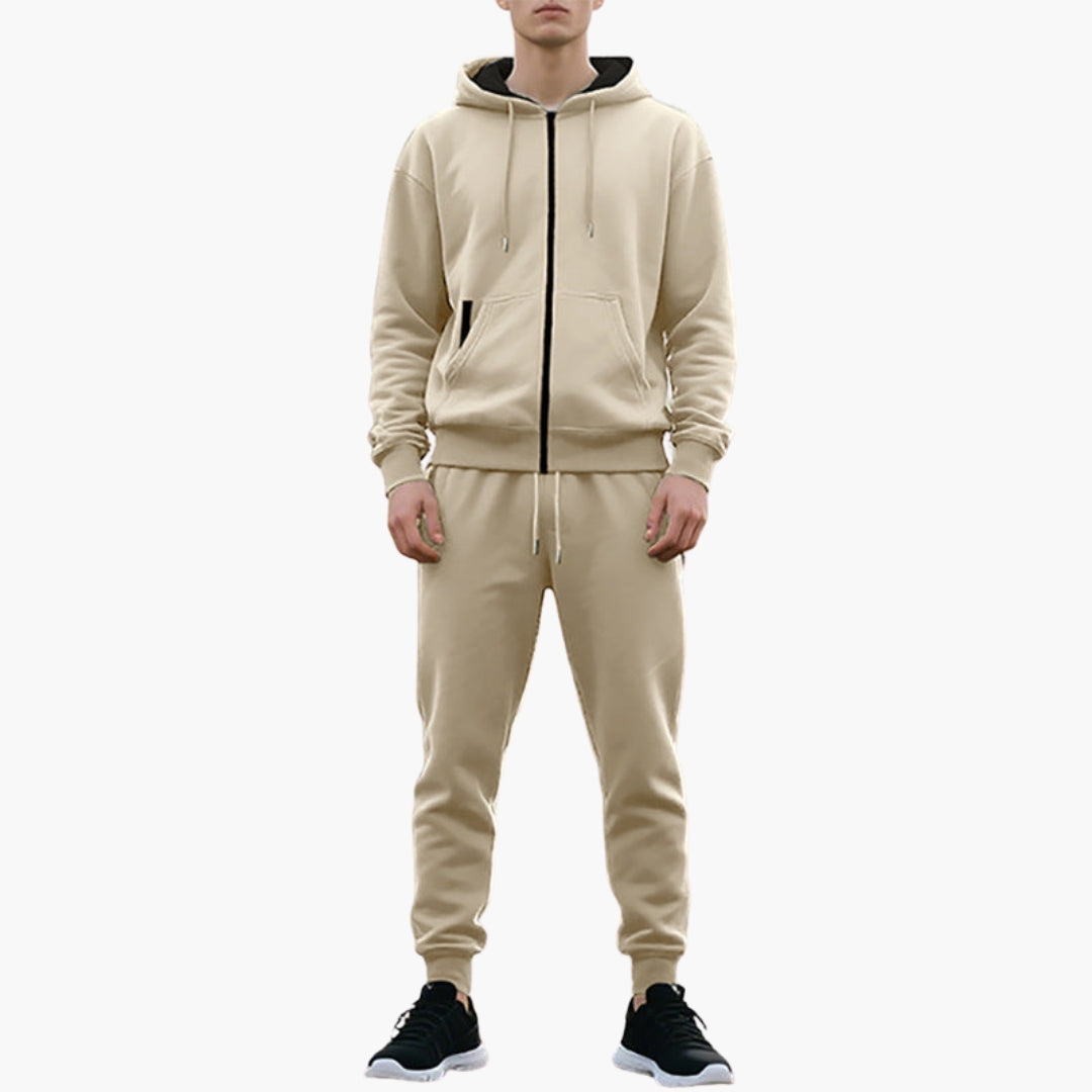 Men's gray tracksuit set with adjustable drawstring hood, kangaroo pocket, and jogger pants for training