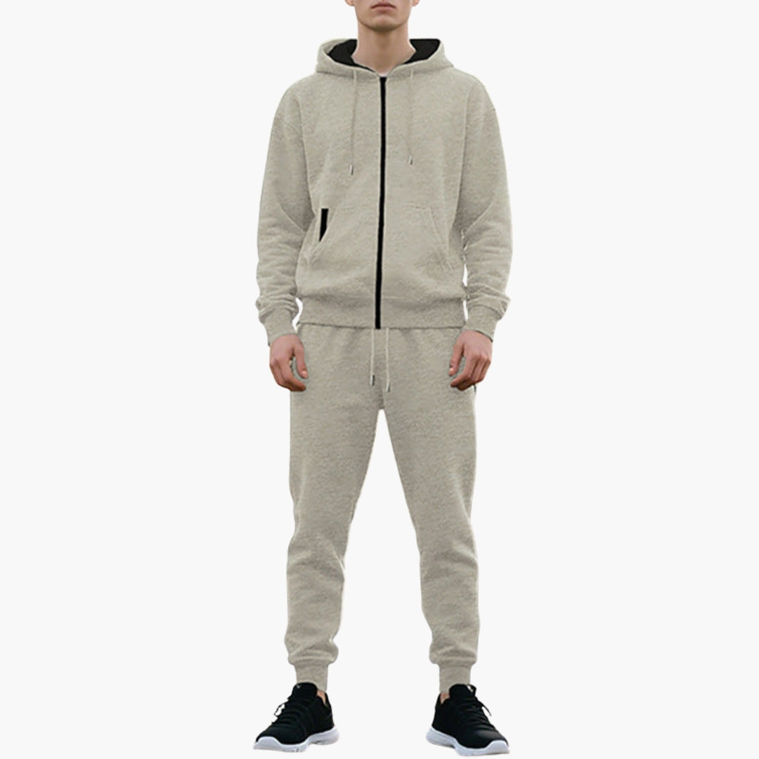 Men's gray tracksuit set with adjustable hood, kangaroo pocket, and jogger pants for training and lounge