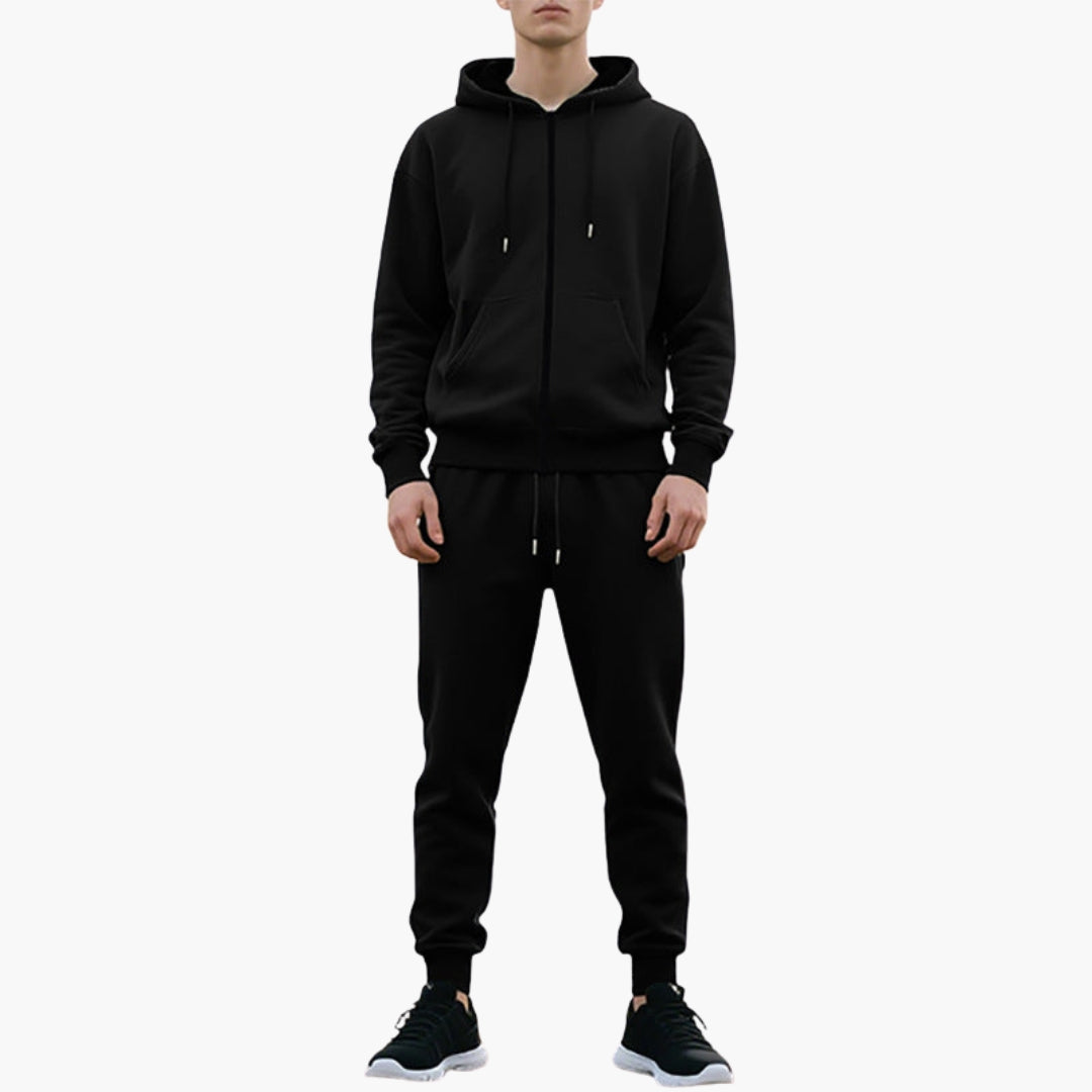Men's gray tracksuit set with adjustable drawstring hood, kangaroo pocket, and jogger pants for training