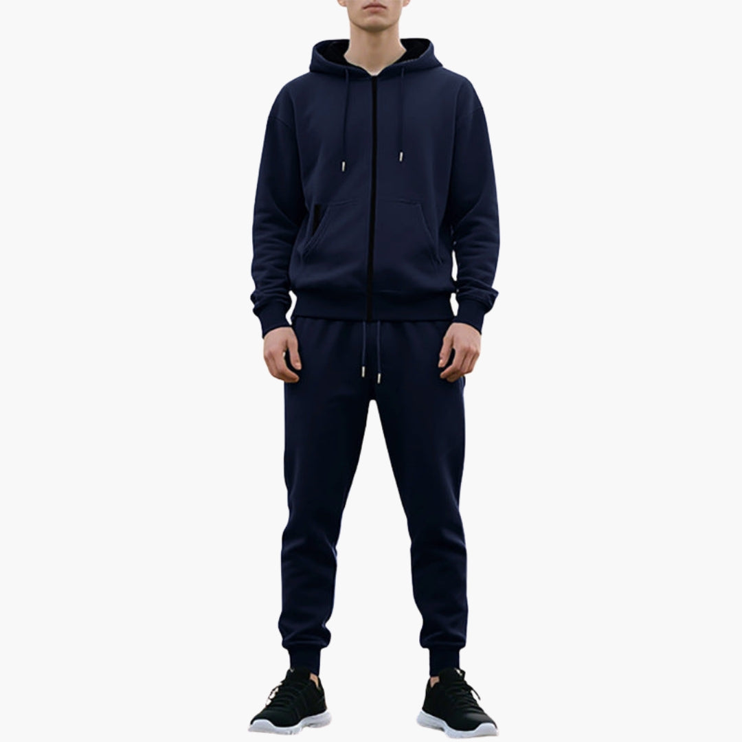 Men's gray tracksuit set with adjustable drawstring hood, kangaroo pocket, and jogger pants for training