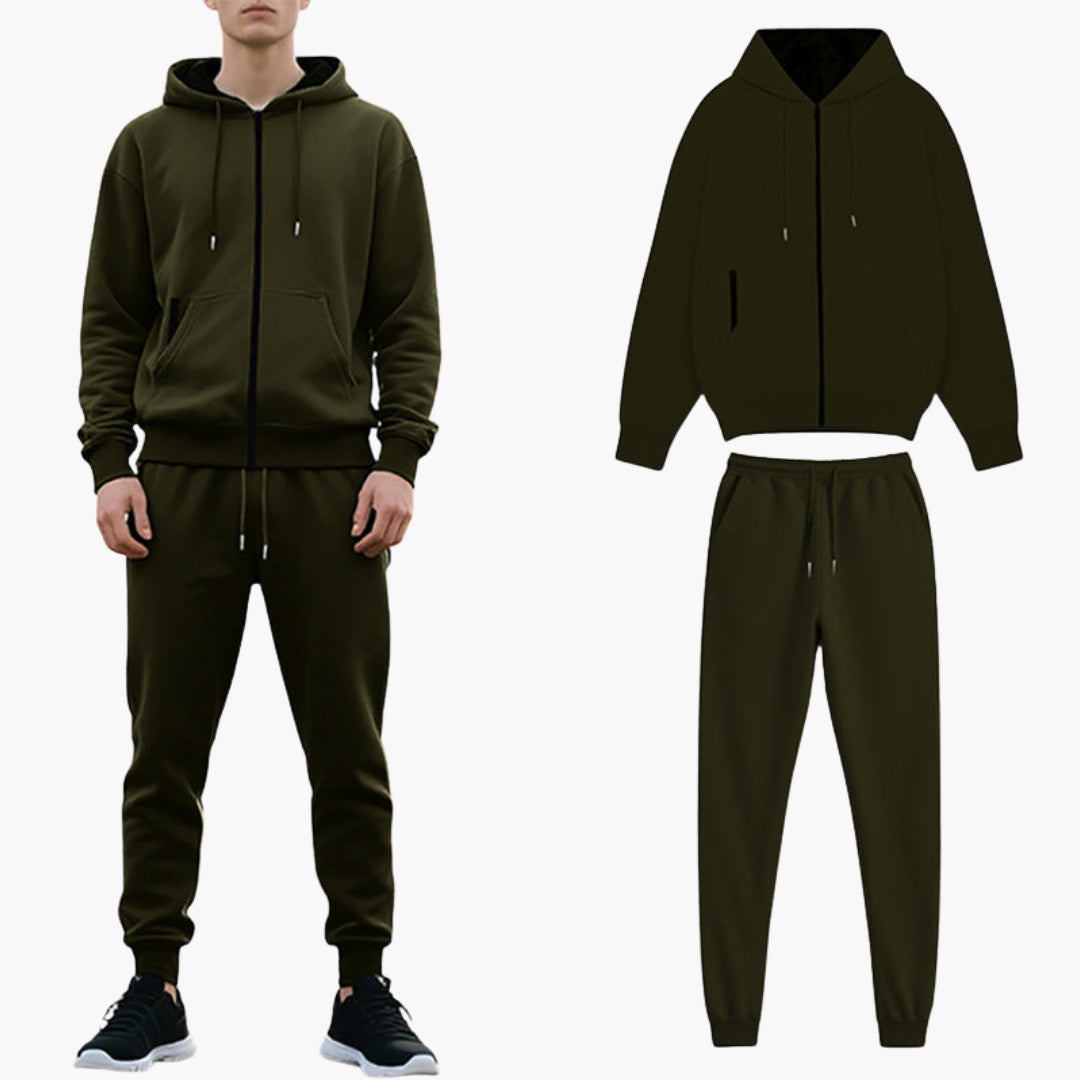 Men's gray zip-up hoodie tracksuit set with jogger pants featuring adjustable drawstring hood