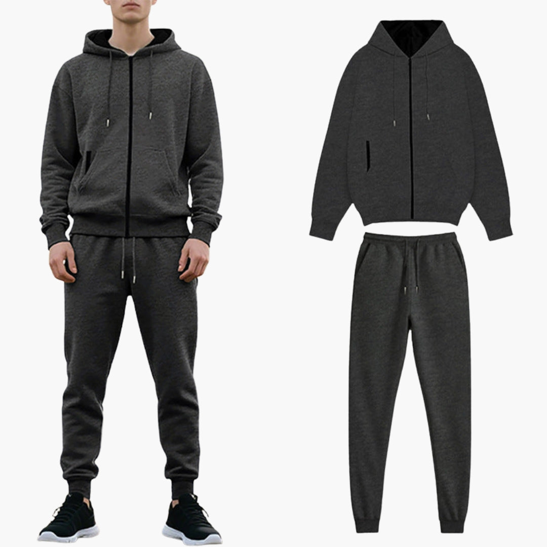 Men's gray zip-up hoodie tracksuit set with matching jogger pants and drawstring hood