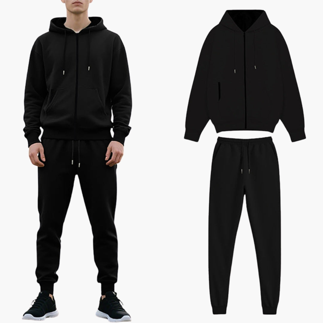 Men's gray zip-up hoodie tracksuit set with jogger pants, slim fit, drawstring hood