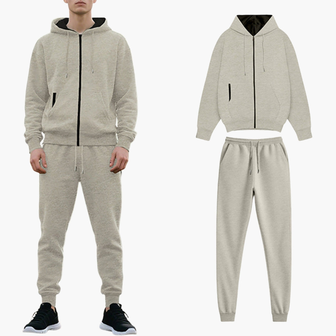 Men's gray zip-up hoodie tracksuit set with jogger pants, slim-fit athletic two-piece loungewear