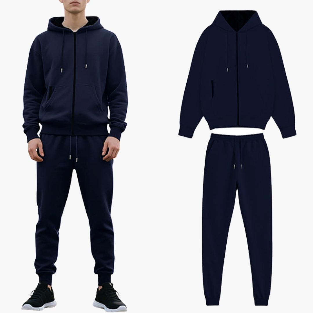 Men's gray zip-up hoodie tracksuit set with jogger pants, slim fit, drawstring hood