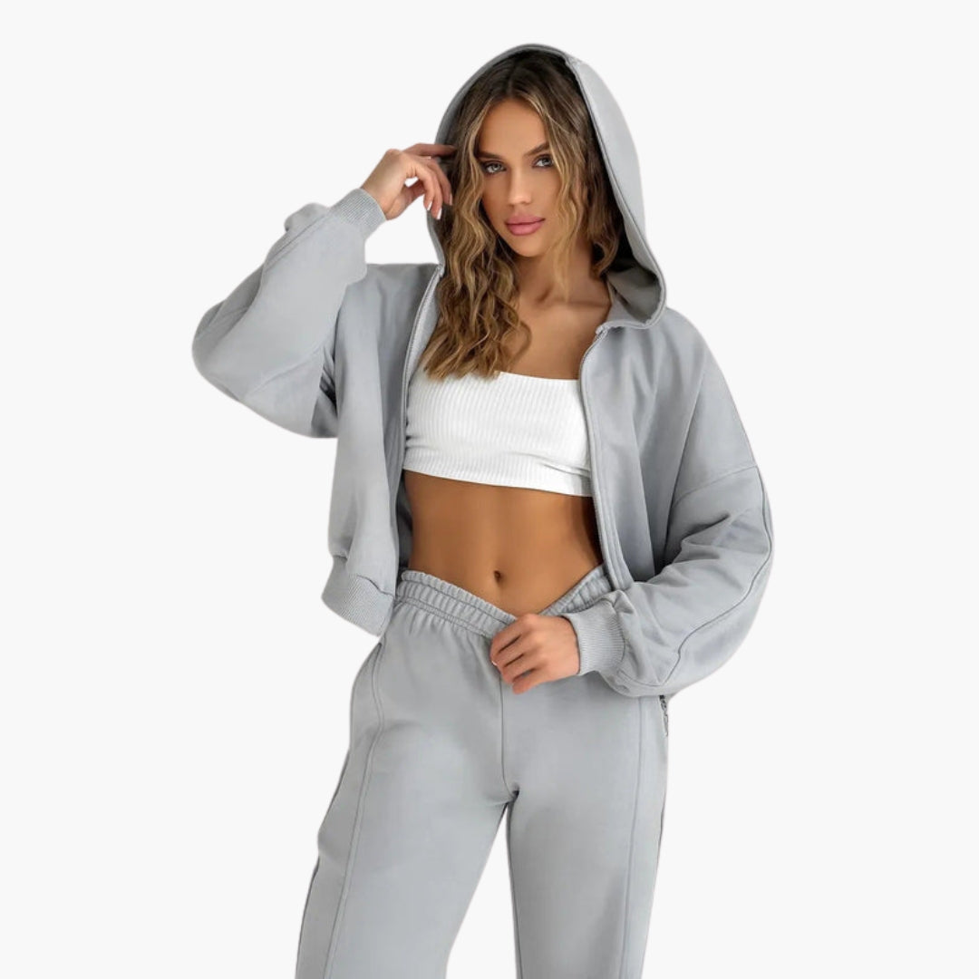 Women oversized zip-up hoodie loungewear set with elastic waist pants and full-length zipper