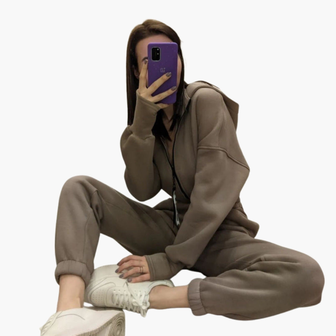 Women's zip-up hoodie matching set with side pockets, ribbed cuffs, full-front zipper cozy athleisure